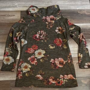 Floral Cowl Neck Long Sleeve Top - Olive Base with Multicolor Blooms